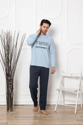 Pijama bărbați din bumbac, mânecă lungă și pantaloni lungi, imprimeu Time Never Waits, blue
