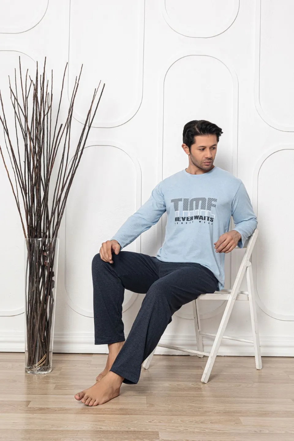 Pijama bărbați din bumbac, mânecă lungă și pantaloni lungi, imprimeu Time Never Waits, blue - 3