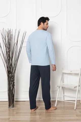 Pijama bărbați din bumbac, mânecă lungă și pantaloni lungi, imprimeu Time Never Waits, blue hover