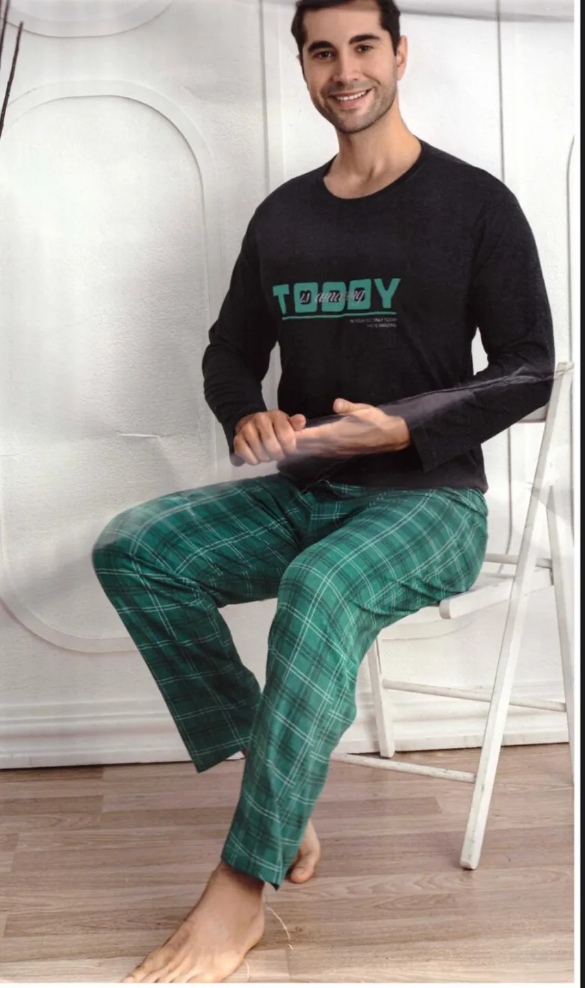 Pijama bărbați din bumbac, mânecă lungă și pantaloni lungi, imprimeu ,,TOOOY'' - 1