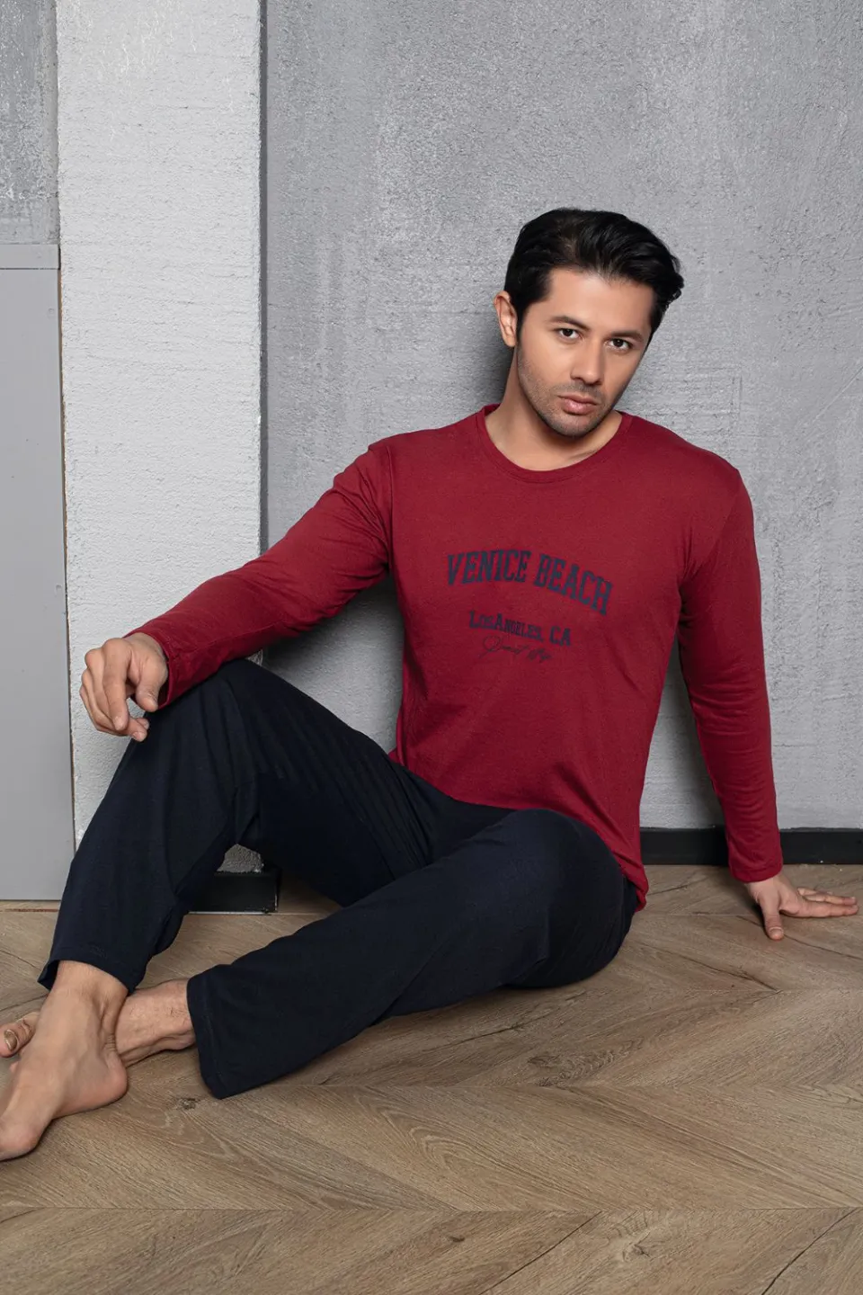 Pijama bărbați din bumbac, mânecă lungă și pantaloni lungi, imprimeu Venice Beach - 1