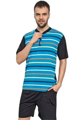Pijama bărbați din bumbac, mânecă scurtă și pantaloni scurti- culoare albastru