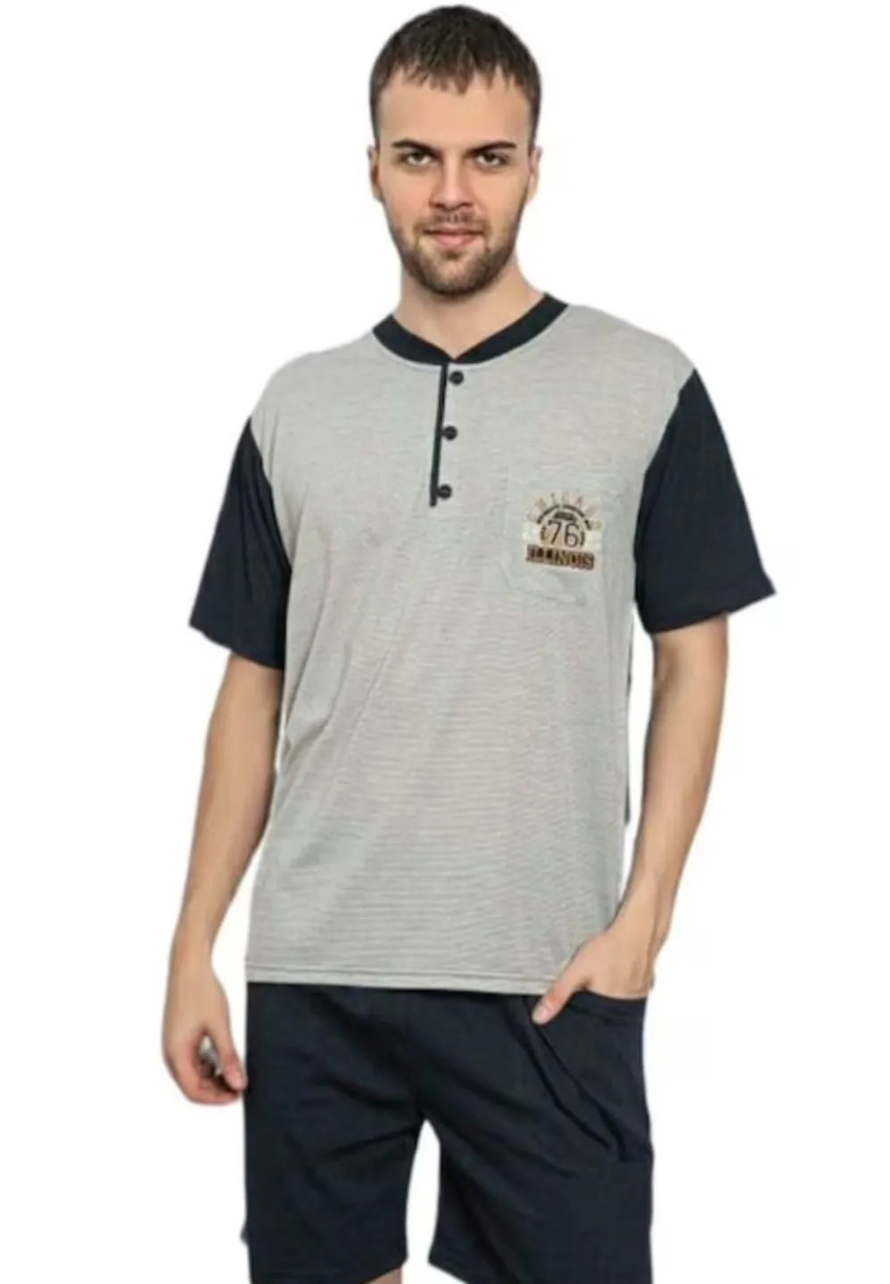 Pijama bărbați din bumbac, mânecă scurtă și pantaloni scurti- culoare gri - 1