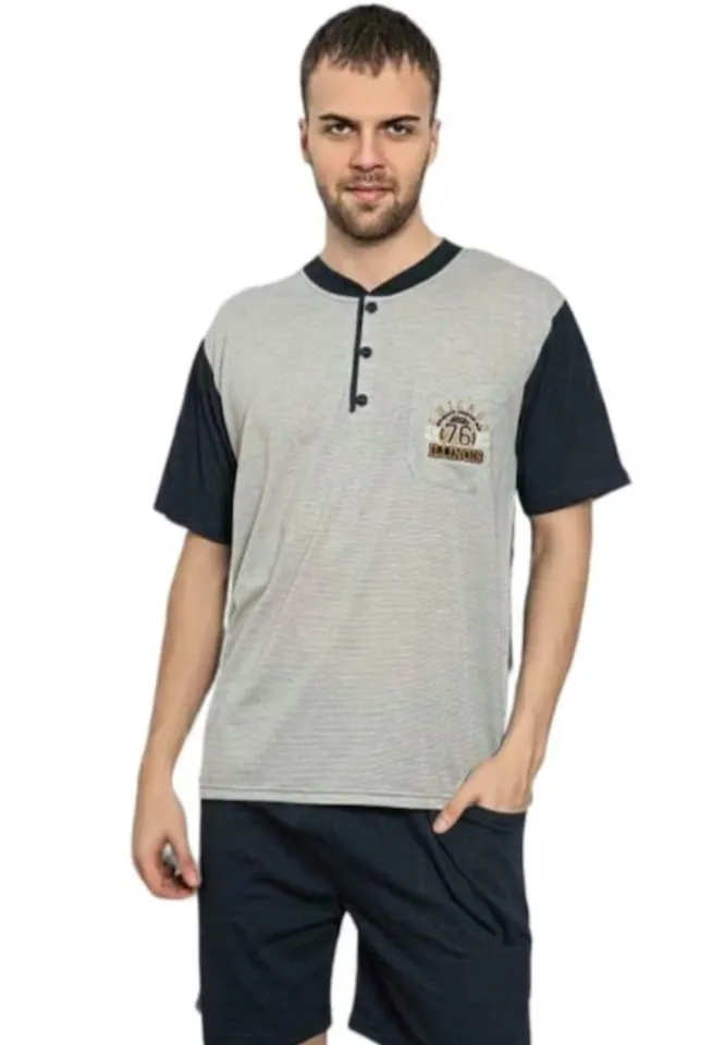 Pijama bărbați din bumbac, mânecă scurtă și pantaloni scurti- culoare gri