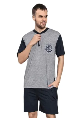 Pijama bărbați din bumbac, mânecă scurtă și pantaloni scurti- culoare gri