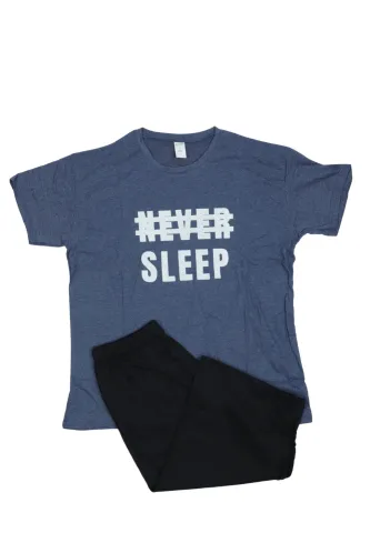 Pijama bărbați din bumbac – tricou cu imprimeu "Never Sleep"- Bleumarin