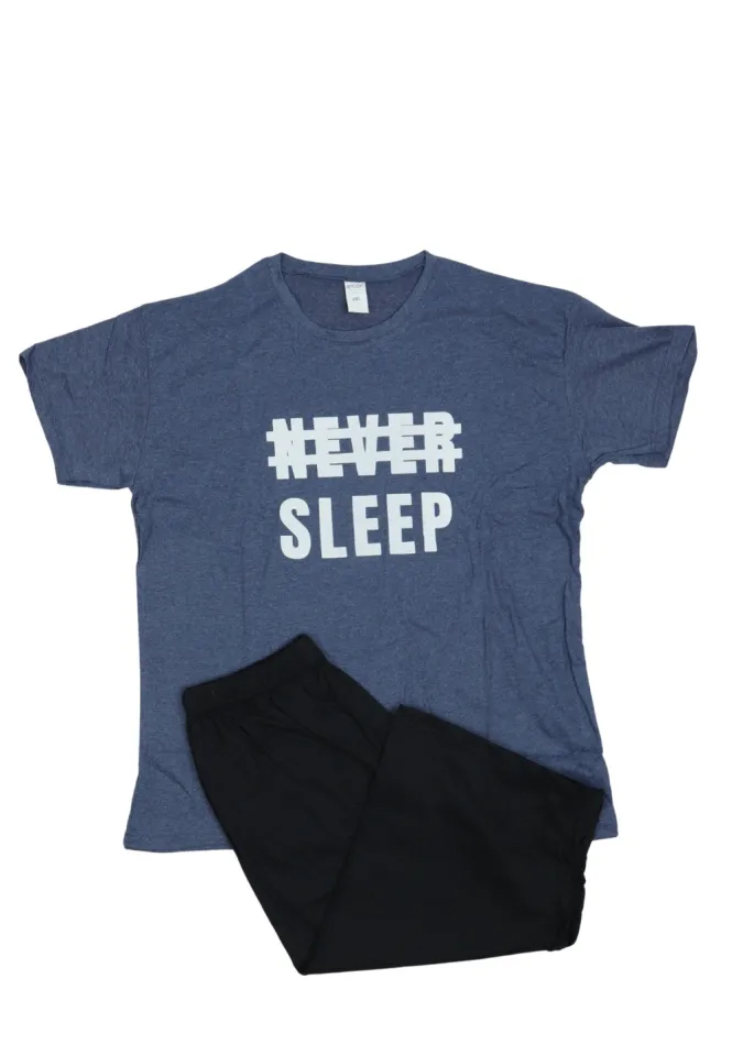 Pijama bărbați din bumbac – tricou cu imprimeu "Never Sleep"- Bleumarin