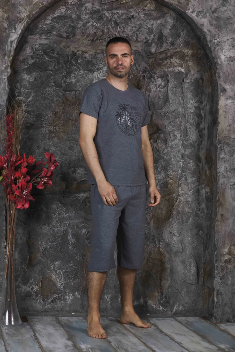 Pijama bărbați din bumbac – tricou cu imprimeu "SURF THE WAVE" - Gri - 2