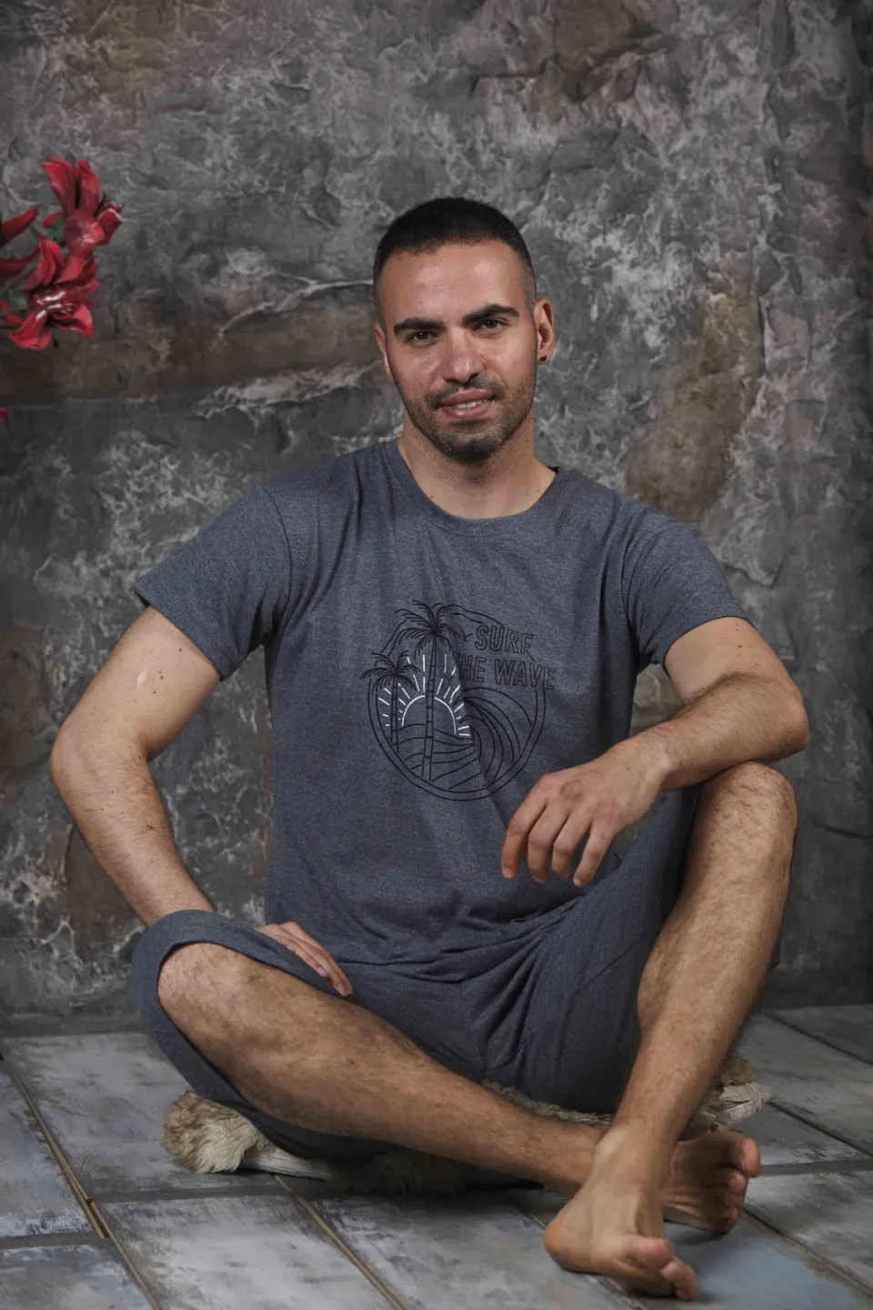 Pijama bărbați din bumbac – tricou cu imprimeu "SURF THE WAVE" - Gri - 1