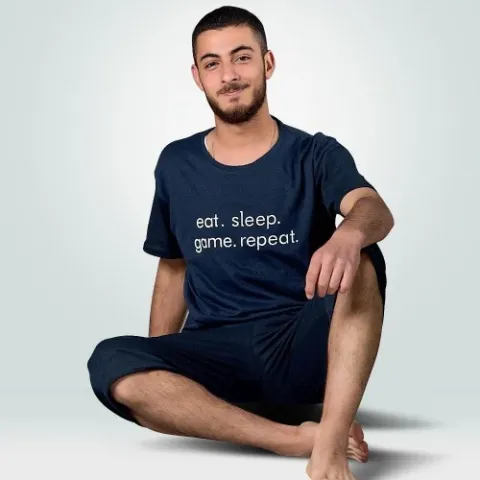 Pijama bărbați din bumbac – tricou imprimeu "EAT SLEEP GAME REPEAT" -bleumarin