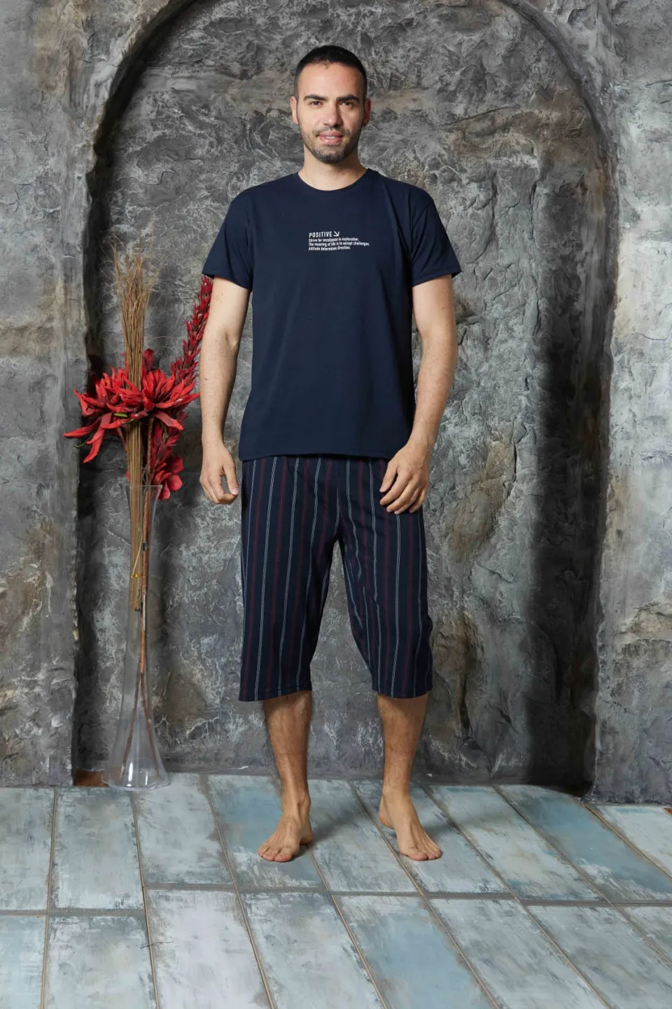 Pijama bărbați din bumbac – tricou imprimeu "Positive" -Bleumarin - 2