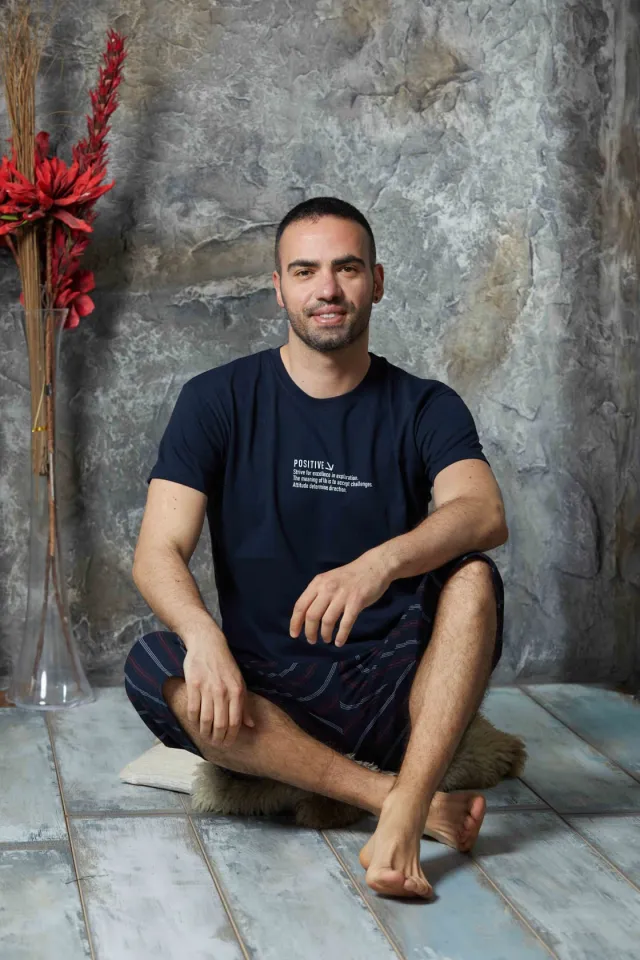 Pijama bărbați din bumbac – tricou imprimeu "Positive" -Bleumarin