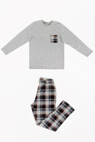 Pijama bărbați Freenight cu buzunar aplicat, mânecă lungă și pantaloni lungi, gri