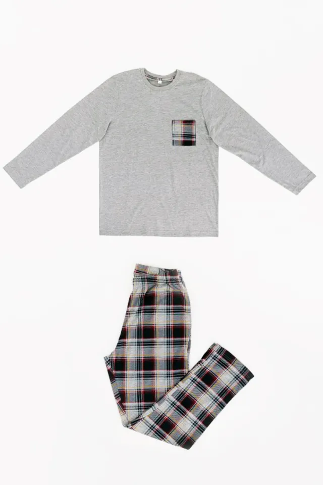 Pijama bărbați Freenight cu buzunar aplicat, mânecă lungă și pantaloni lungi, gri