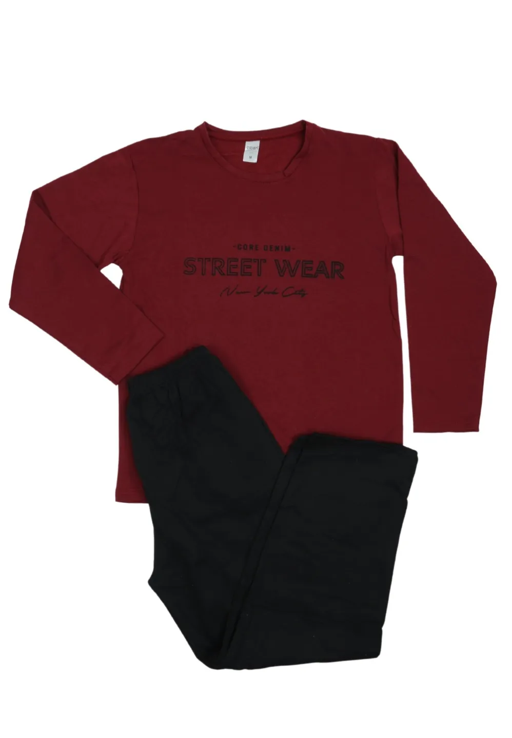 Pijama barbati vatuita, bluza cu maneca lunga si pantaloni lungi, imprimeu ”Street Wear'', Visiniu - 1