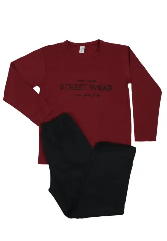 Pijama barbati vatuita, bluza cu maneca lunga si pantaloni lungi, imprimeu ”Street Wear'', Visiniu