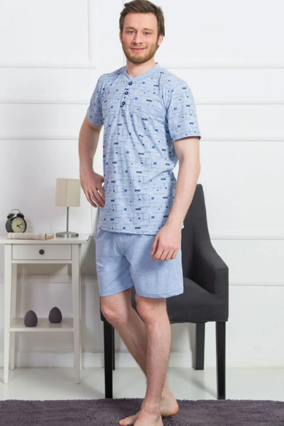 Pijama bărbați BIG SIZE Vienetta din bumbac, maneca scurta si pantaloni scurti, albastru - 1