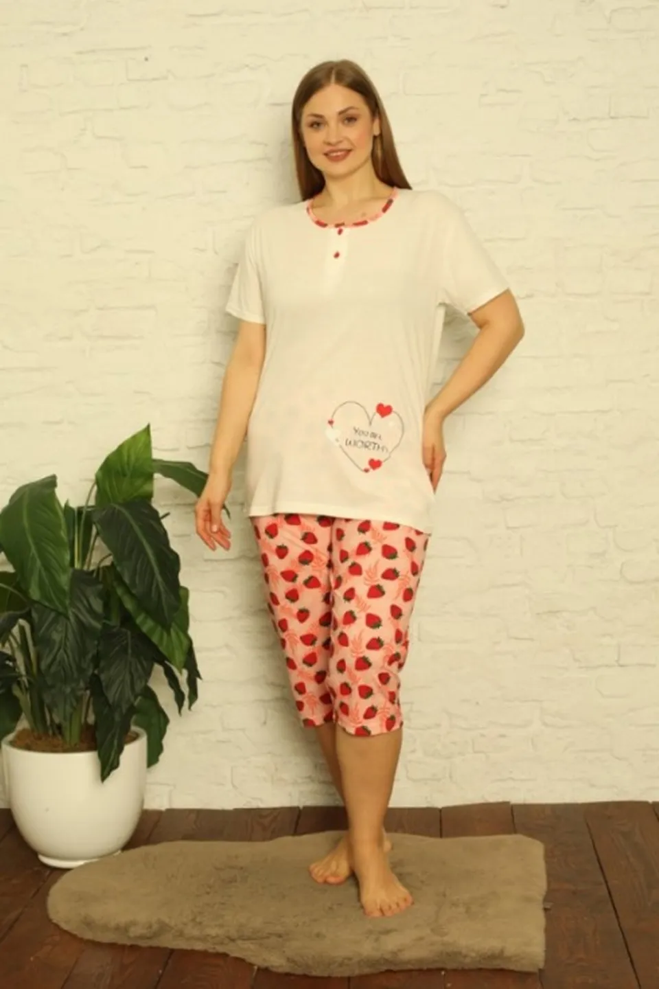 Pijama Serena, culoare alb, imprimeu YOU ARE WORTHY - 1