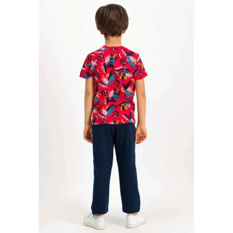 Pijama copii cu tricou și pantaloni lungi, imprimeu banane, rosu hover