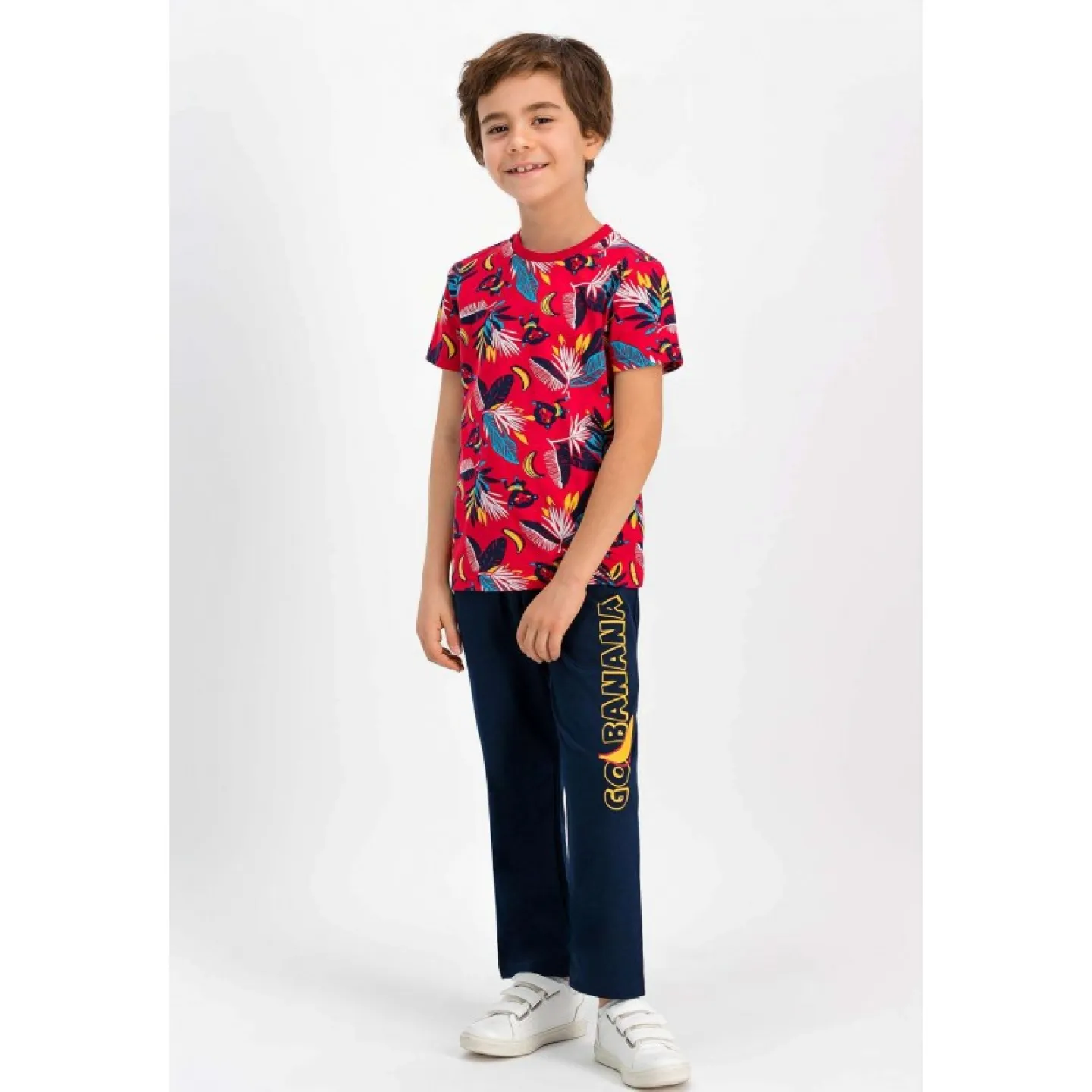 Pijama copii cu tricou și pantaloni lungi, imprimeu banane, rosu - 1