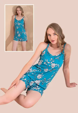 Pijama damă, 100% bumbac, maiou și short, imprimeu flori