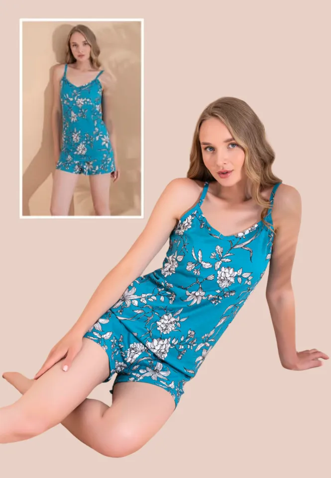 Pijama damă, 100% bumbac, maiou și short, imprimeu flori