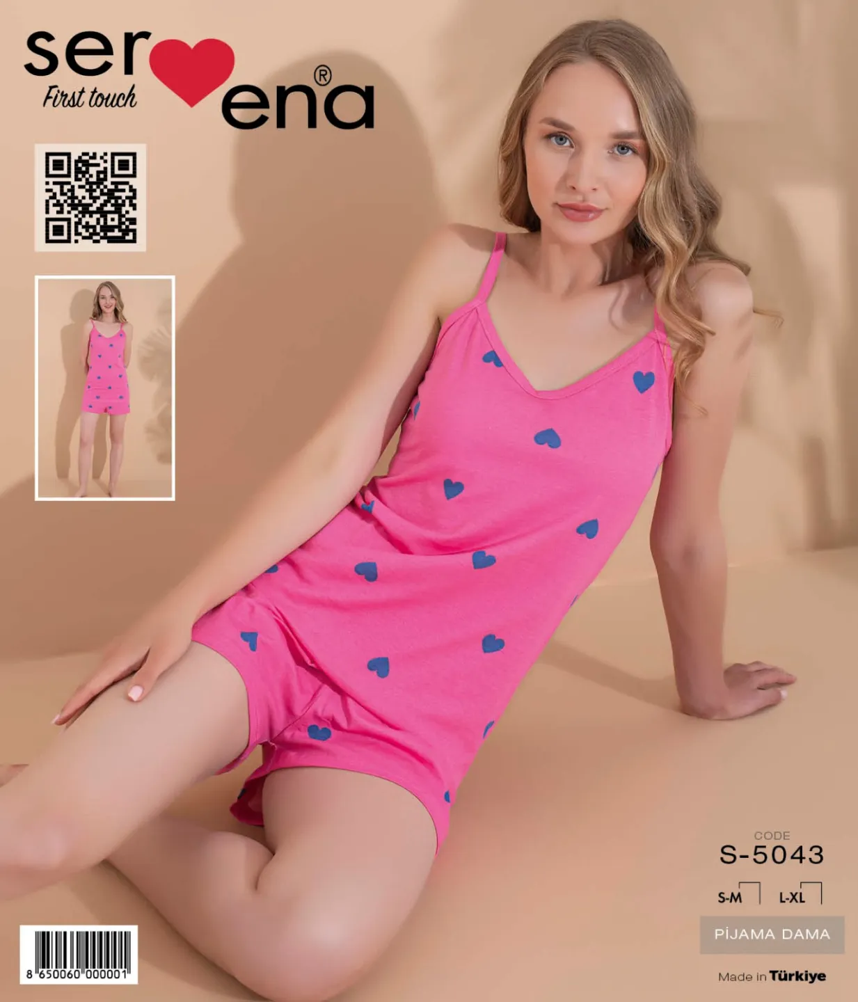 Pijama damă, 100% bumbac, maiou și short, imprimeu inimi - 1