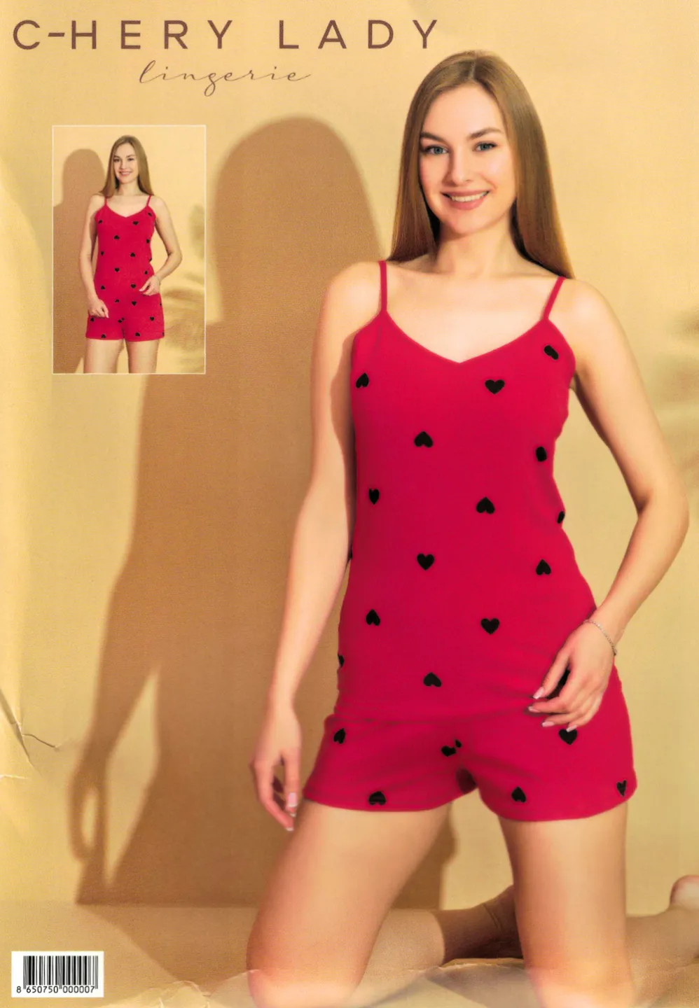 Pijama damă, 100% bumbac, maiou și short, imprimeu inimi - 1