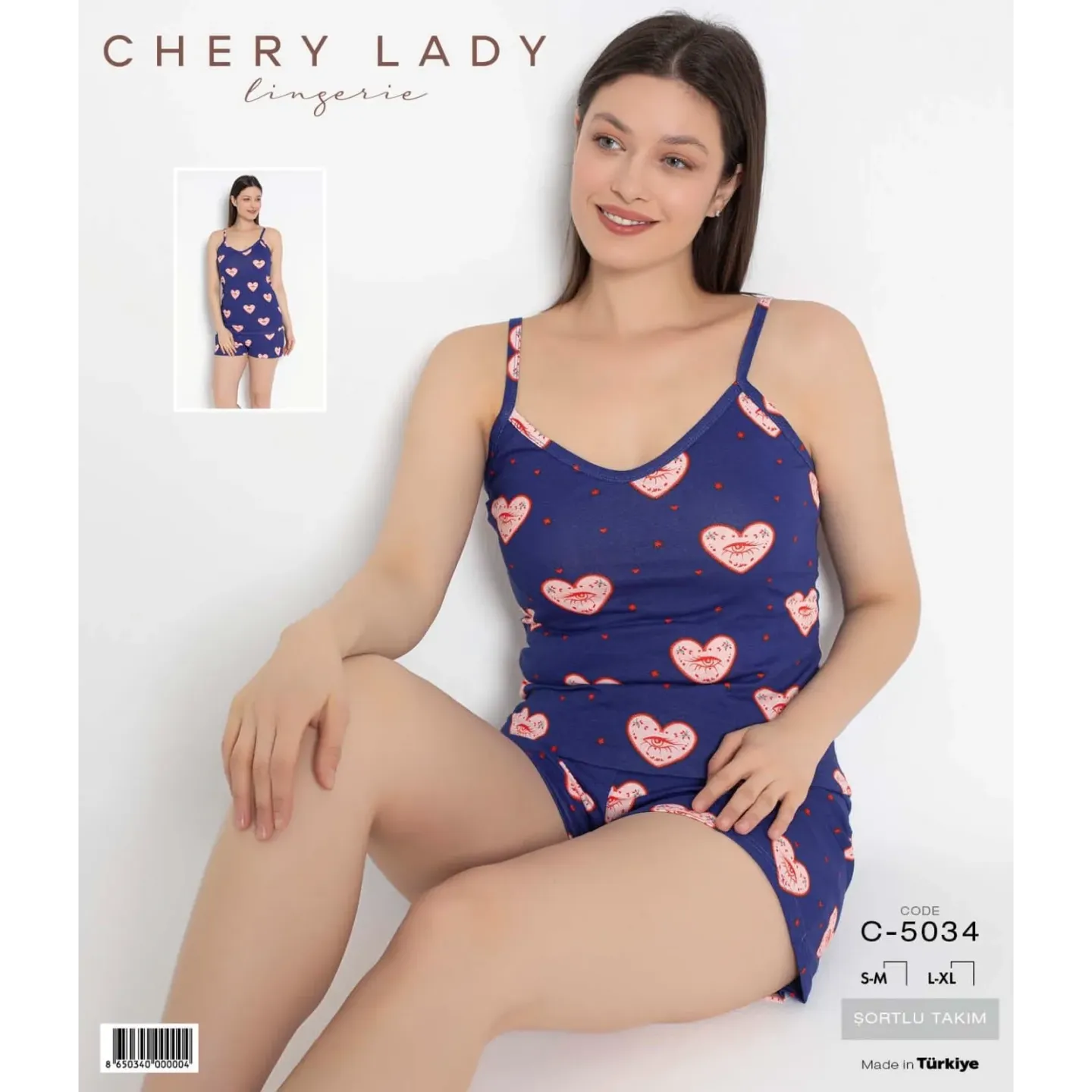 Pijama damă, 100% bumbac, maiou și short, imprimeu inimioare - 1