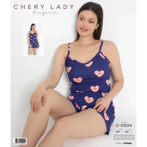 Pijama damă, 100% bumbac, maiou și short, imprimeu inimioare