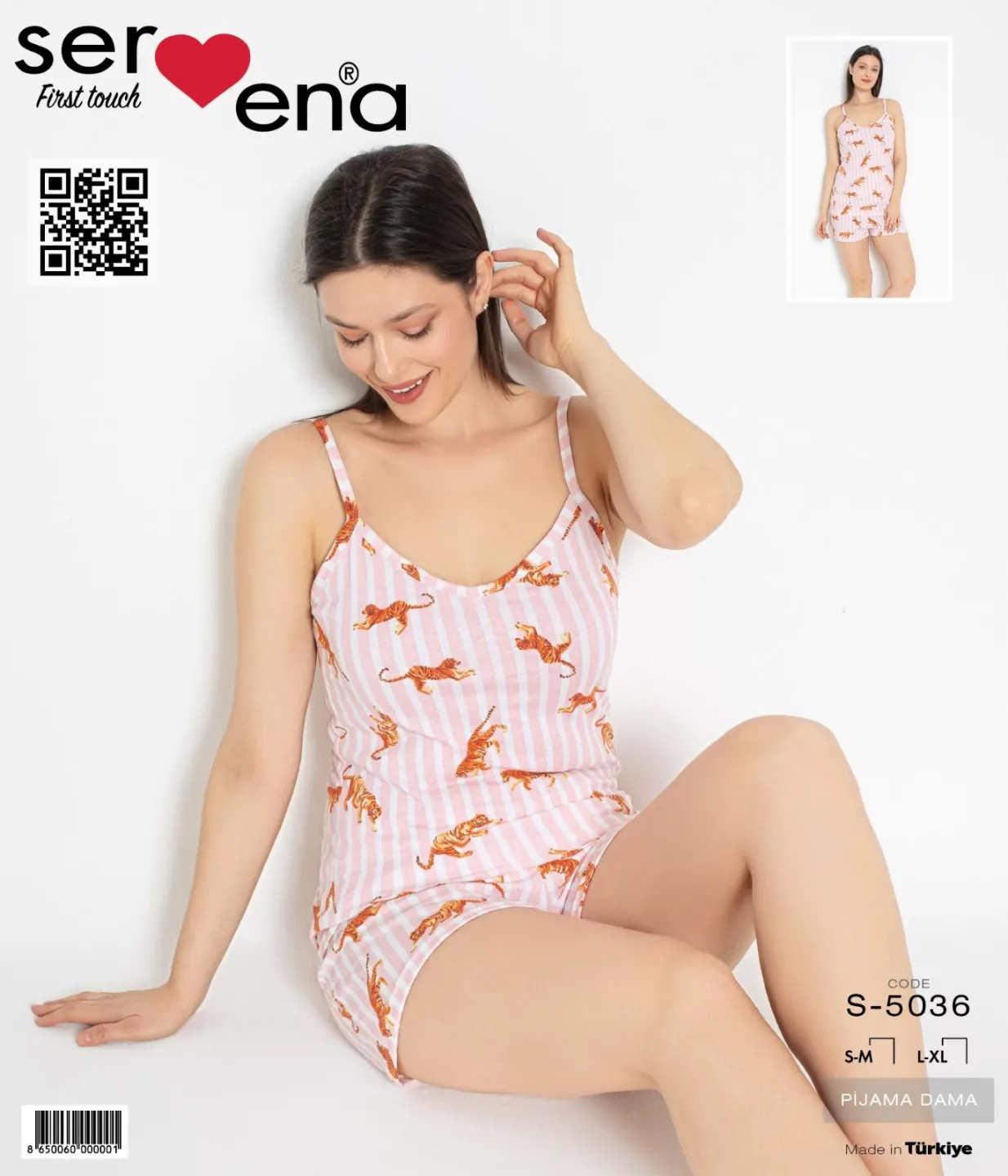 Pijama damă, 100% bumbac, maiou și short, imprimeu tigri - 1