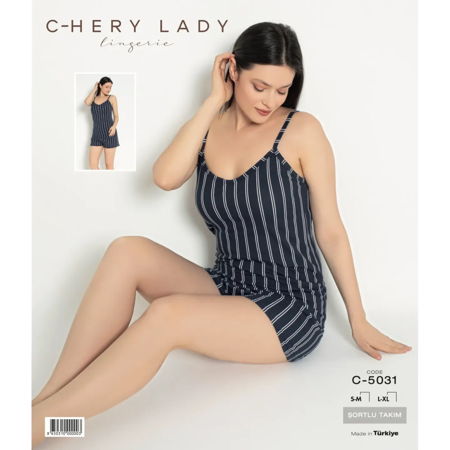 Pijama damă, 100% bumbac, maiou și short, imprimeu dungi, bleumarin - 1