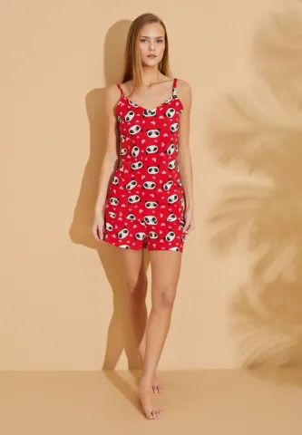 Pijama damă, 100% bumbac, maiou și short, imprimeu ursuleți panda, roșu