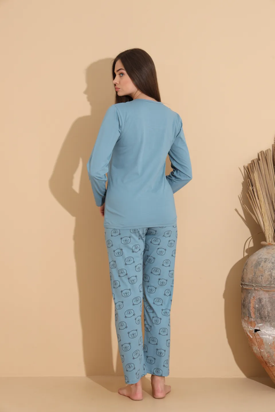 Pijama damă albastru deschis, bluză „Cute” cu ursuleț și pantaloni cu imprimeu ursuleți – 100% bumbac - 3