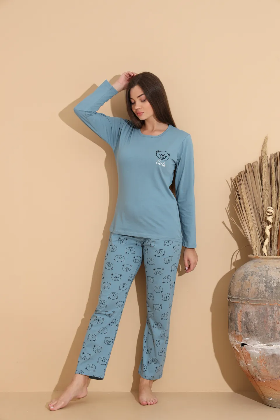 Pijama damă albastru deschis, bluză „Cute” cu ursuleț și pantaloni cu imprimeu ursuleți – 100% bumbac - 4