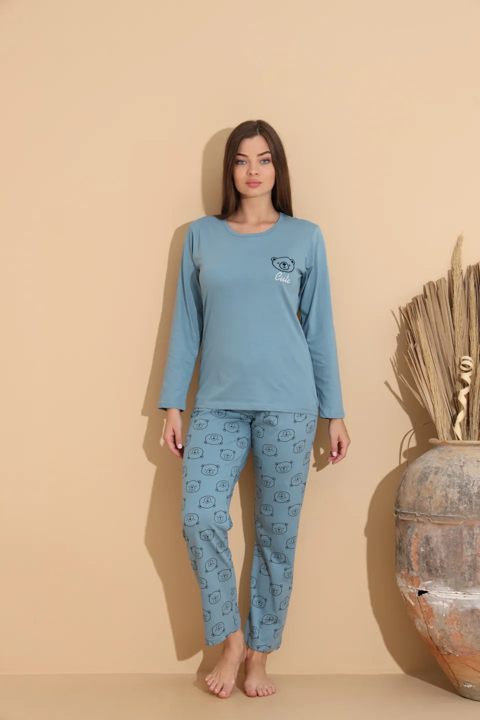Pijama damă albastru deschis, bluză „Cute” cu ursuleț și pantaloni cu imprimeu ursuleți – 100% bumbac - 5
