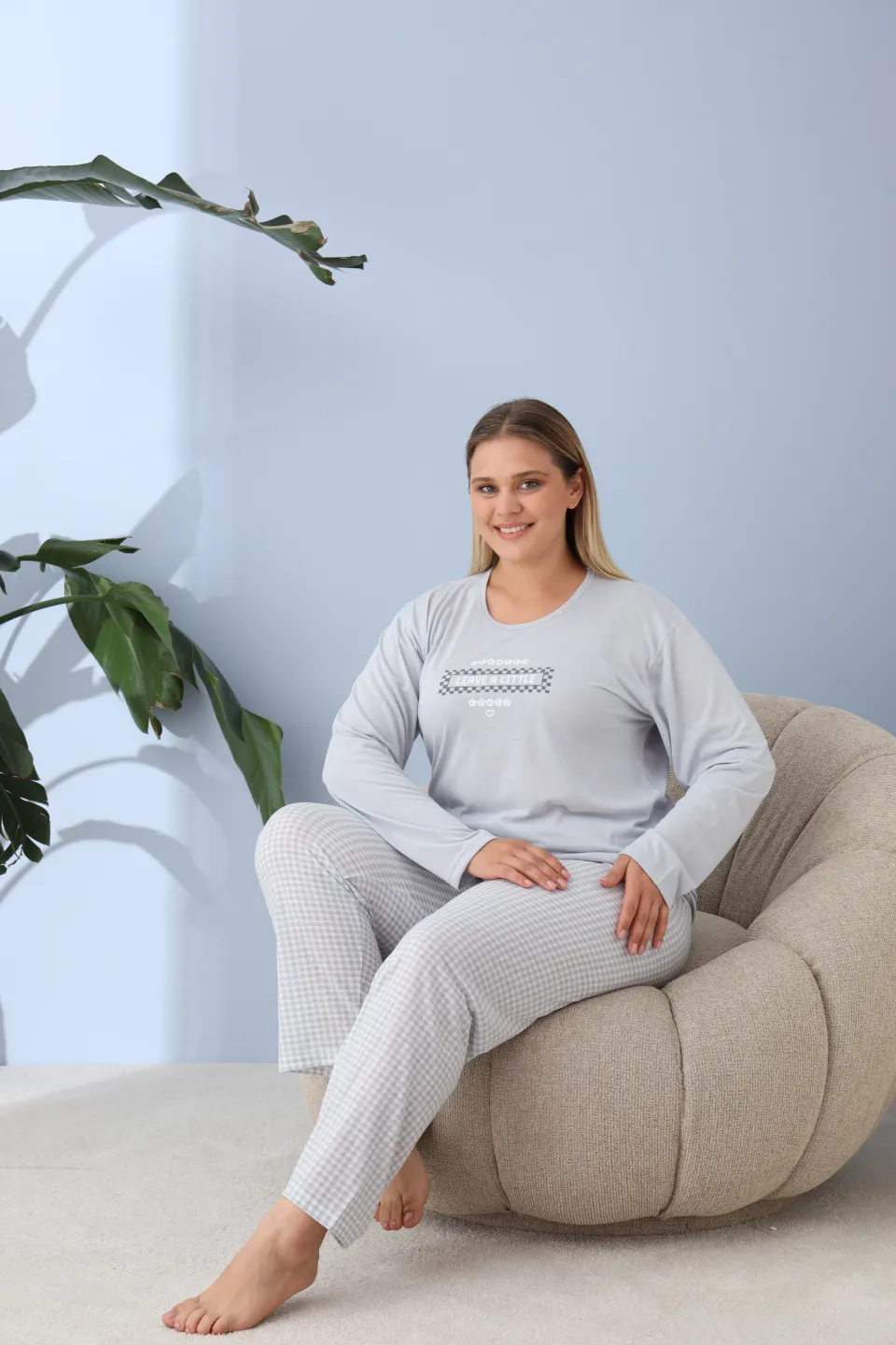 Pijama damă big size albastru deschis, imprimeu Leave a little, 100% bumbac - 2