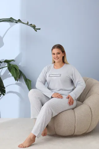 Pijama damă big size albastru deschis, imprimeu Leave a little, 100% bumbac hover