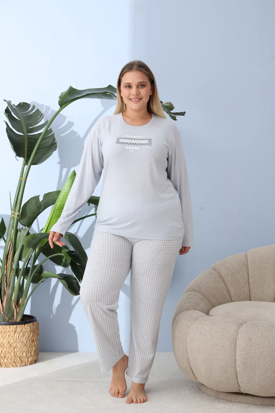 Pijama damă big size albastru deschis, imprimeu Leave a little, 100% bumbac - 3