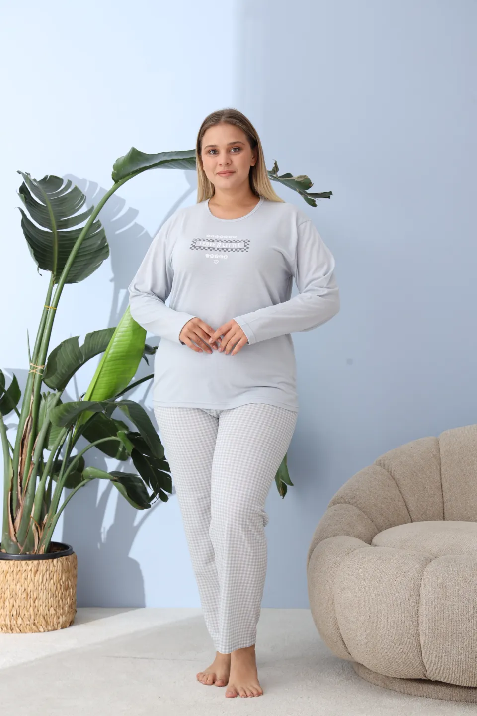 Pijama damă big size albastru deschis, imprimeu Leave a little, 100% bumbac - 4