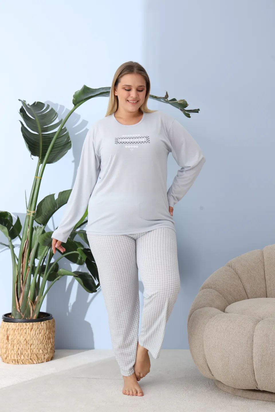 Pijama damă big size albastru deschis, imprimeu Leave a little, 100% bumbac - 5