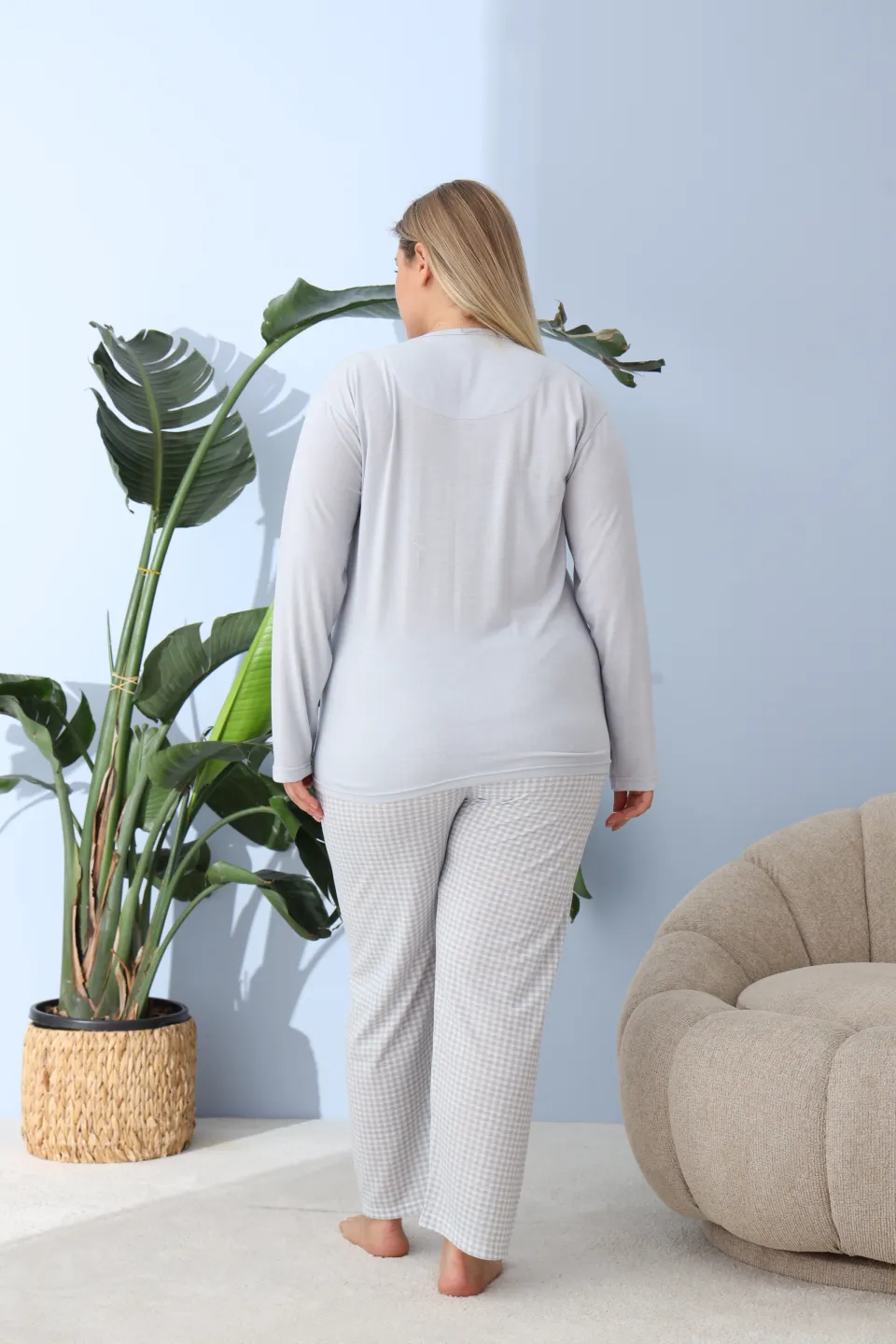 Pijama damă big size albastru deschis, imprimeu Leave a little, 100% bumbac - 6