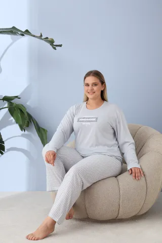 Pijama damă big size albastru deschis, imprimeu Leave a little, 100% bumbac