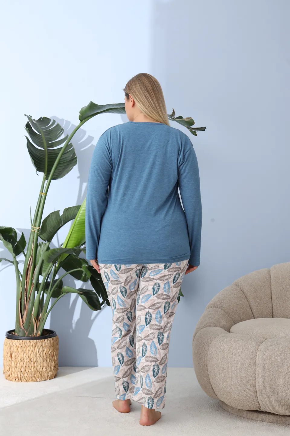 Pijama damă big size albastru, imprimeu Palm Beach, 100% bumbac - 5