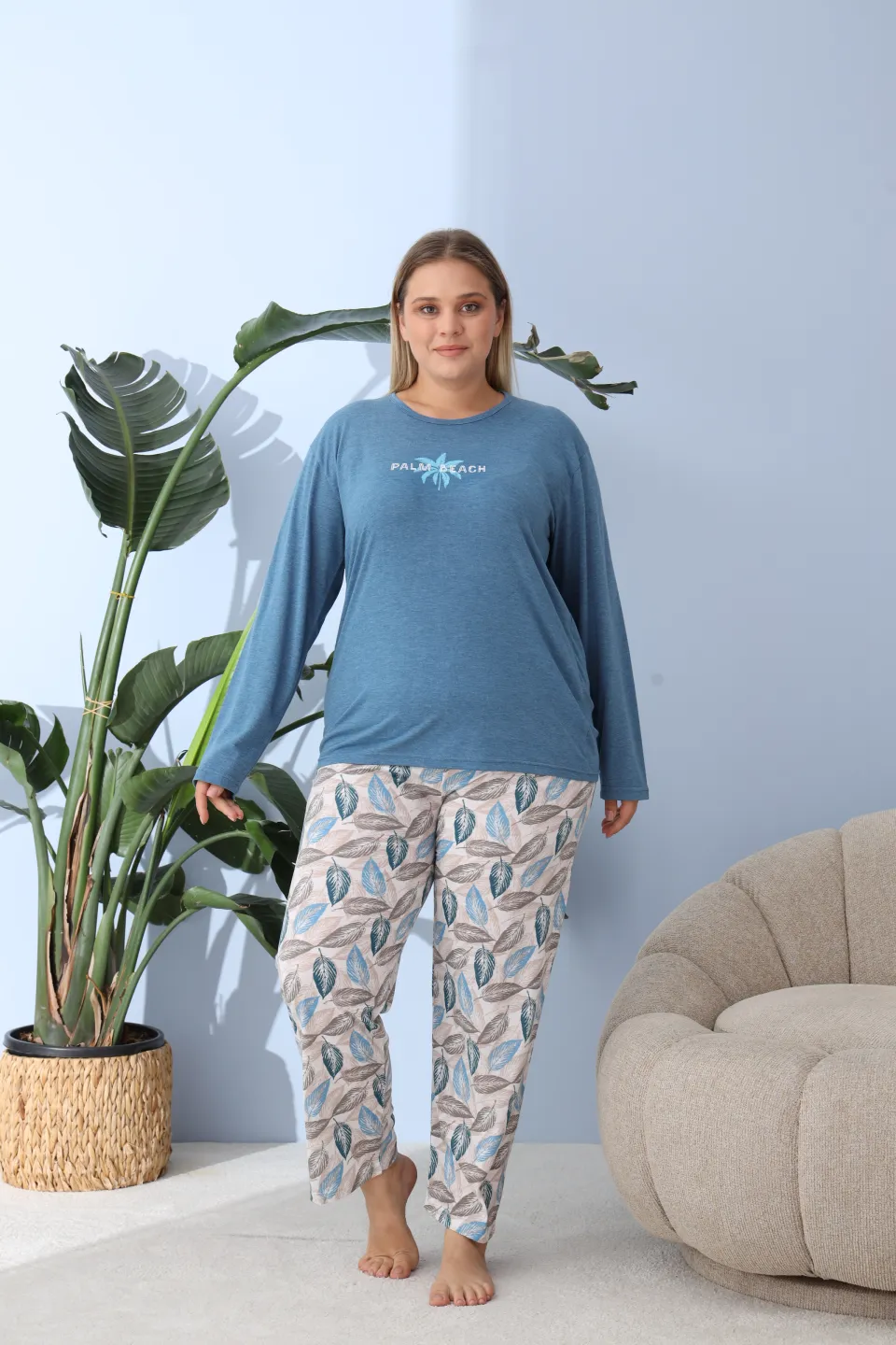 Pijama damă big size albastru, imprimeu Palm Beach, 100% bumbac - 2