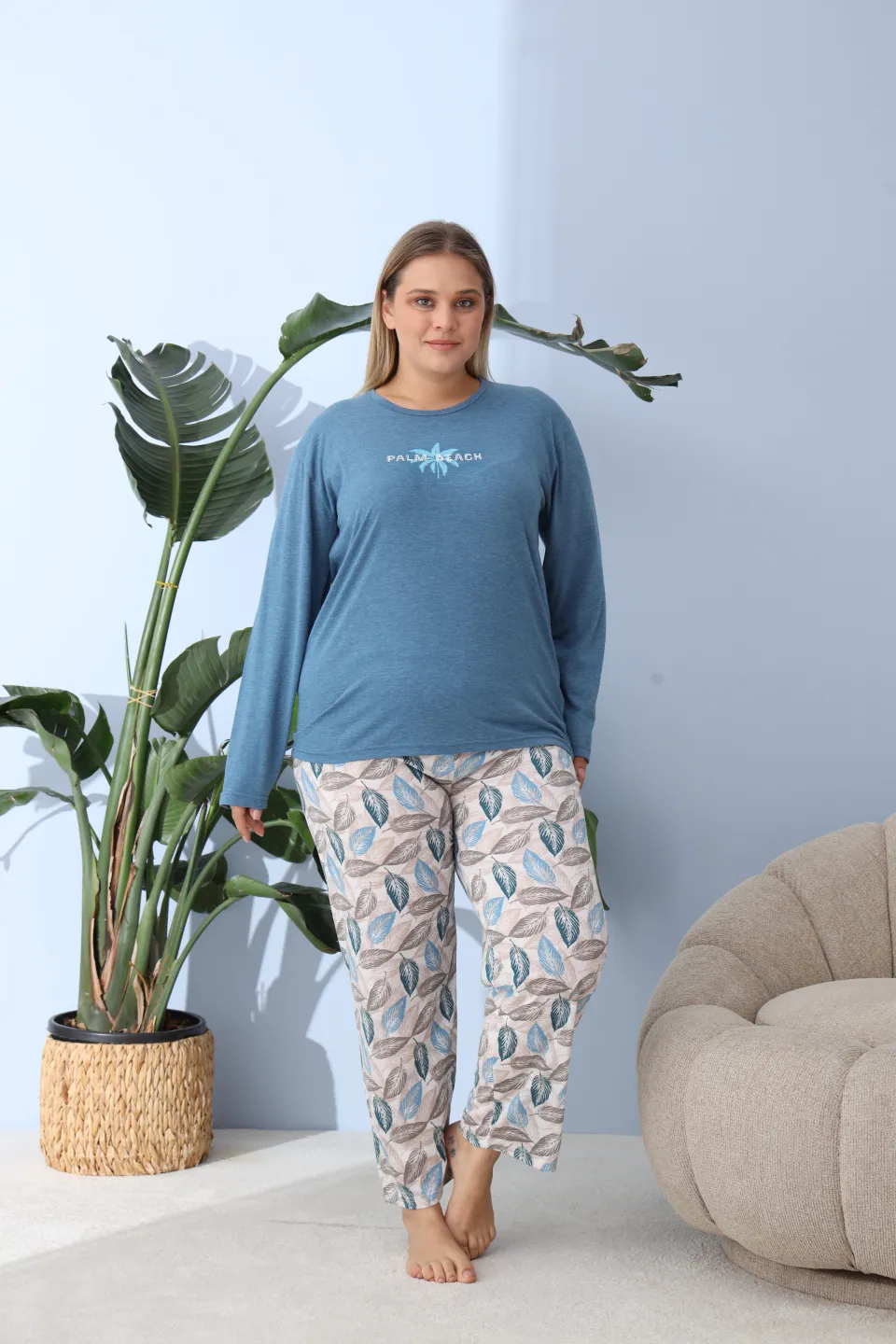 Pijama damă big size albastru, imprimeu Palm Beach, 100% bumbac - 4