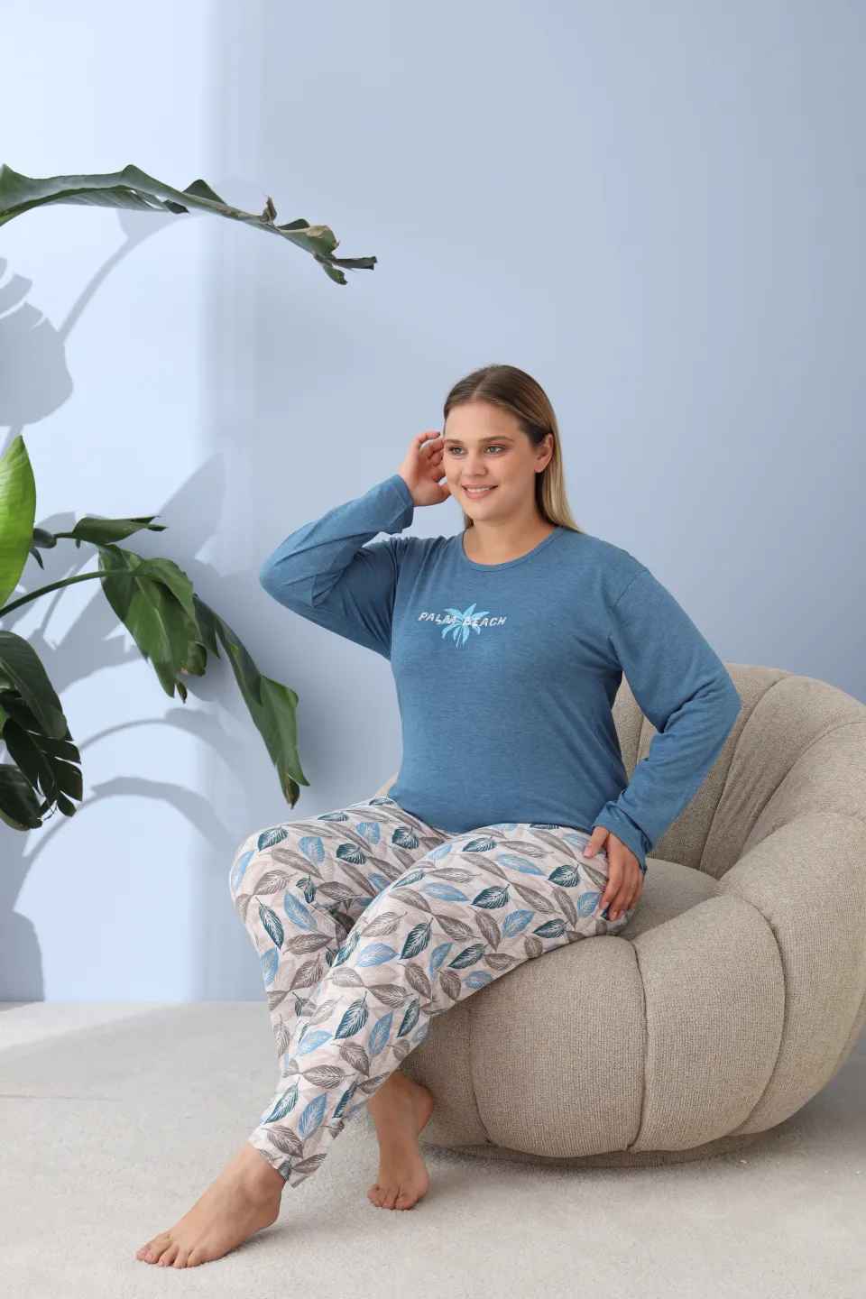 Pijama damă big size albastru, imprimeu Palm Beach, 100% bumbac - 7