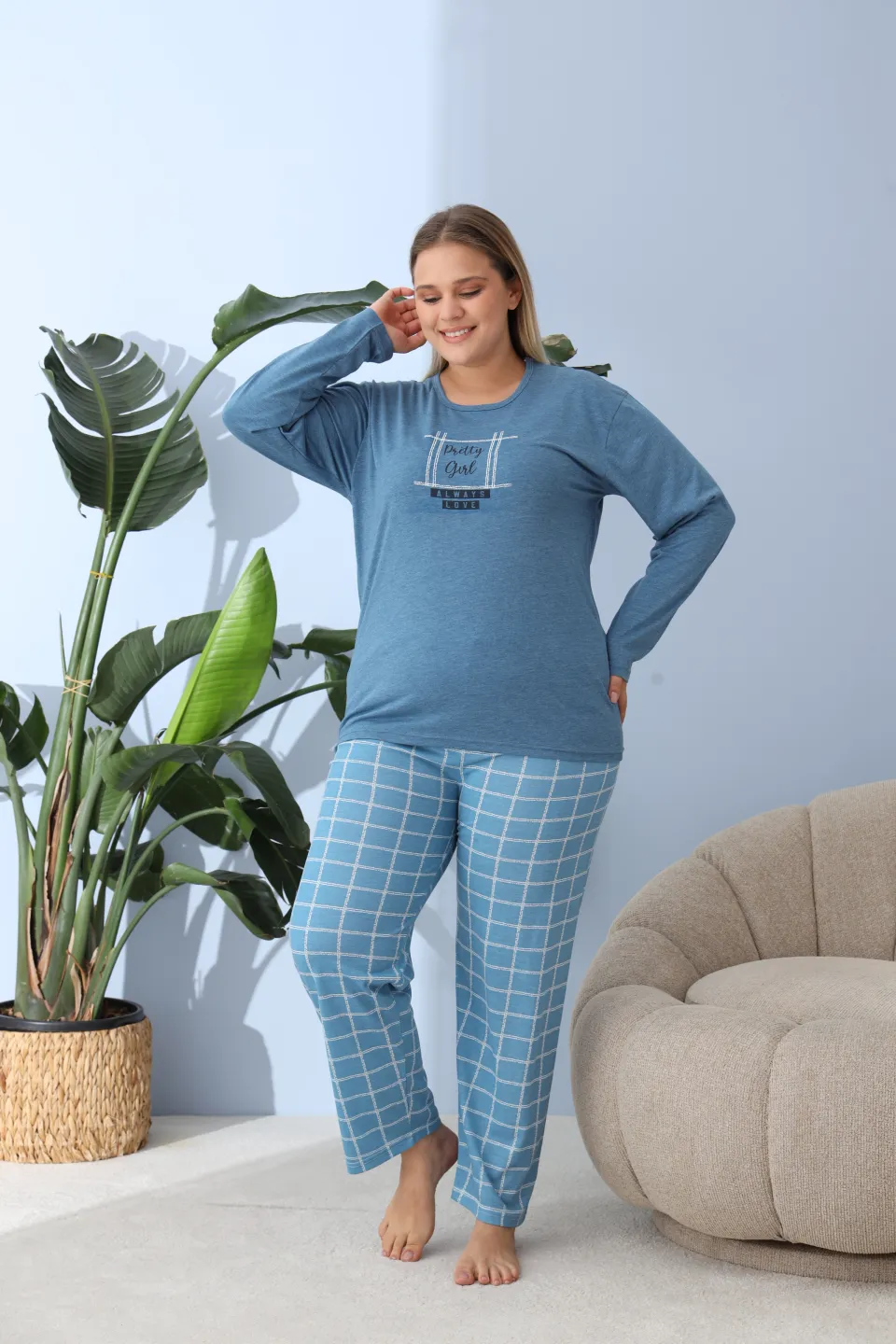 Pijama damă big size albastru închis, imprimeu Pretty Girl, 100% bumbac - 2