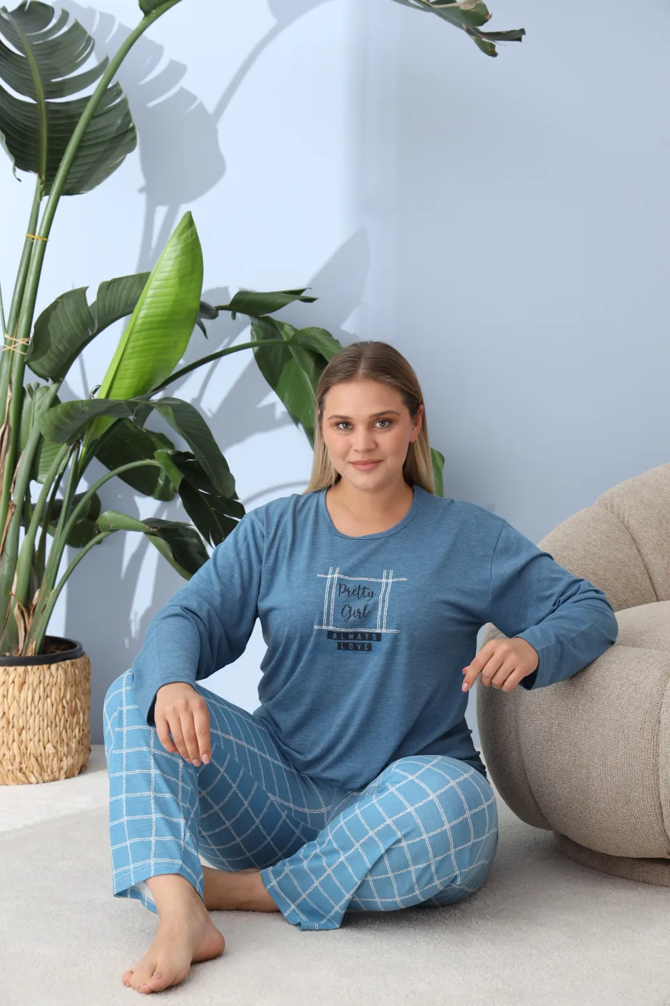 Pijama damă big size albastru închis, imprimeu Pretty Girl, 100% bumbac - 4