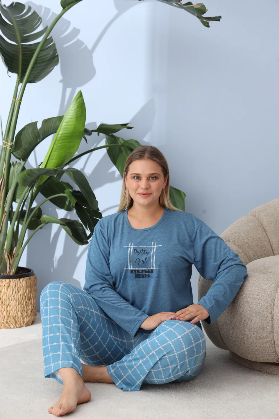 Pijama damă big size albastru închis, imprimeu Pretty Girl, 100% bumbac - 5